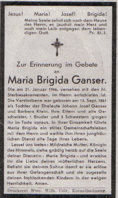 Sterbebild Maria Brigida Ganser